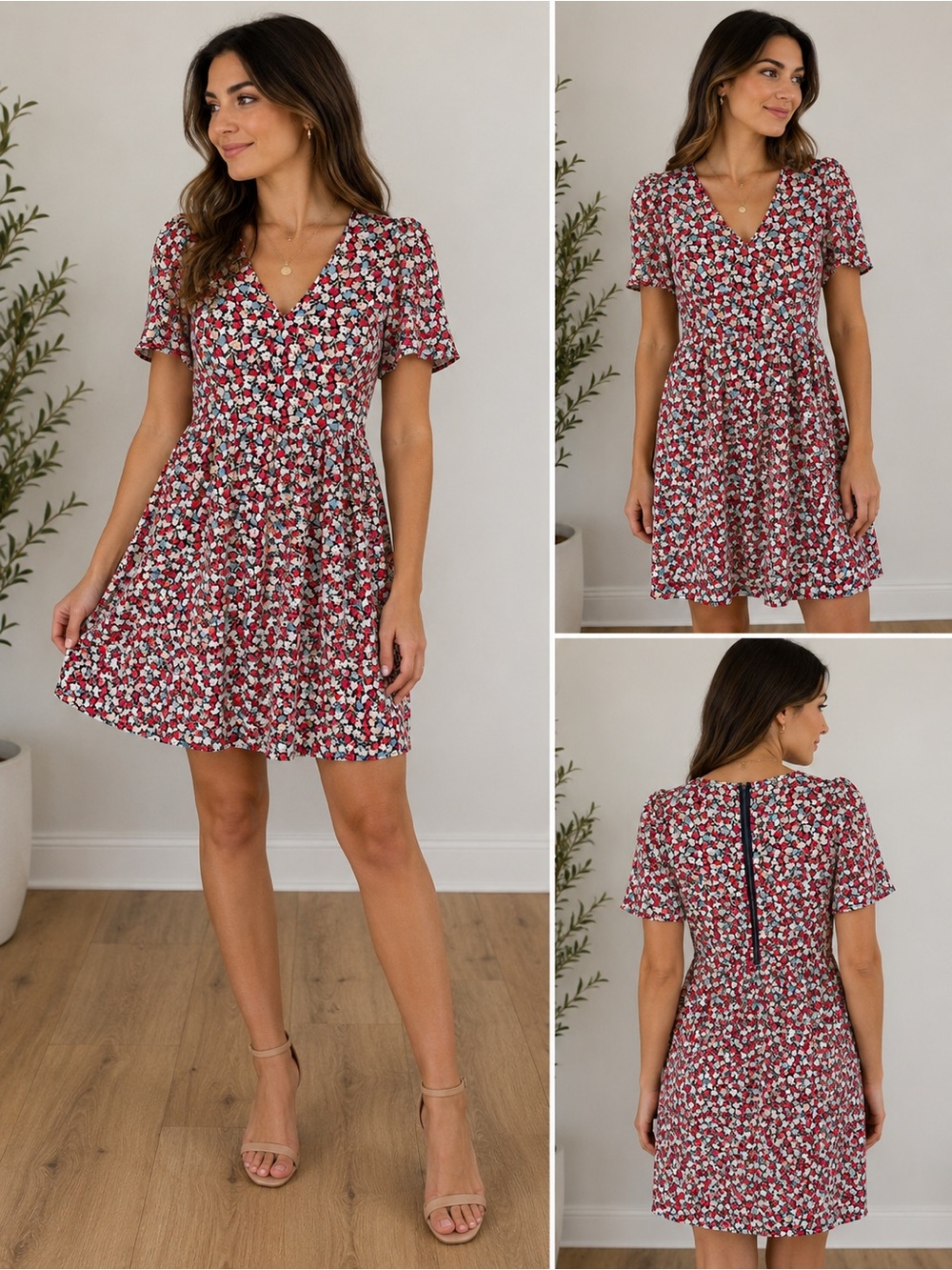 Ann Taylor Factory Petite 2P Floral Dress Red Pink Blue Fit Flare V Neck